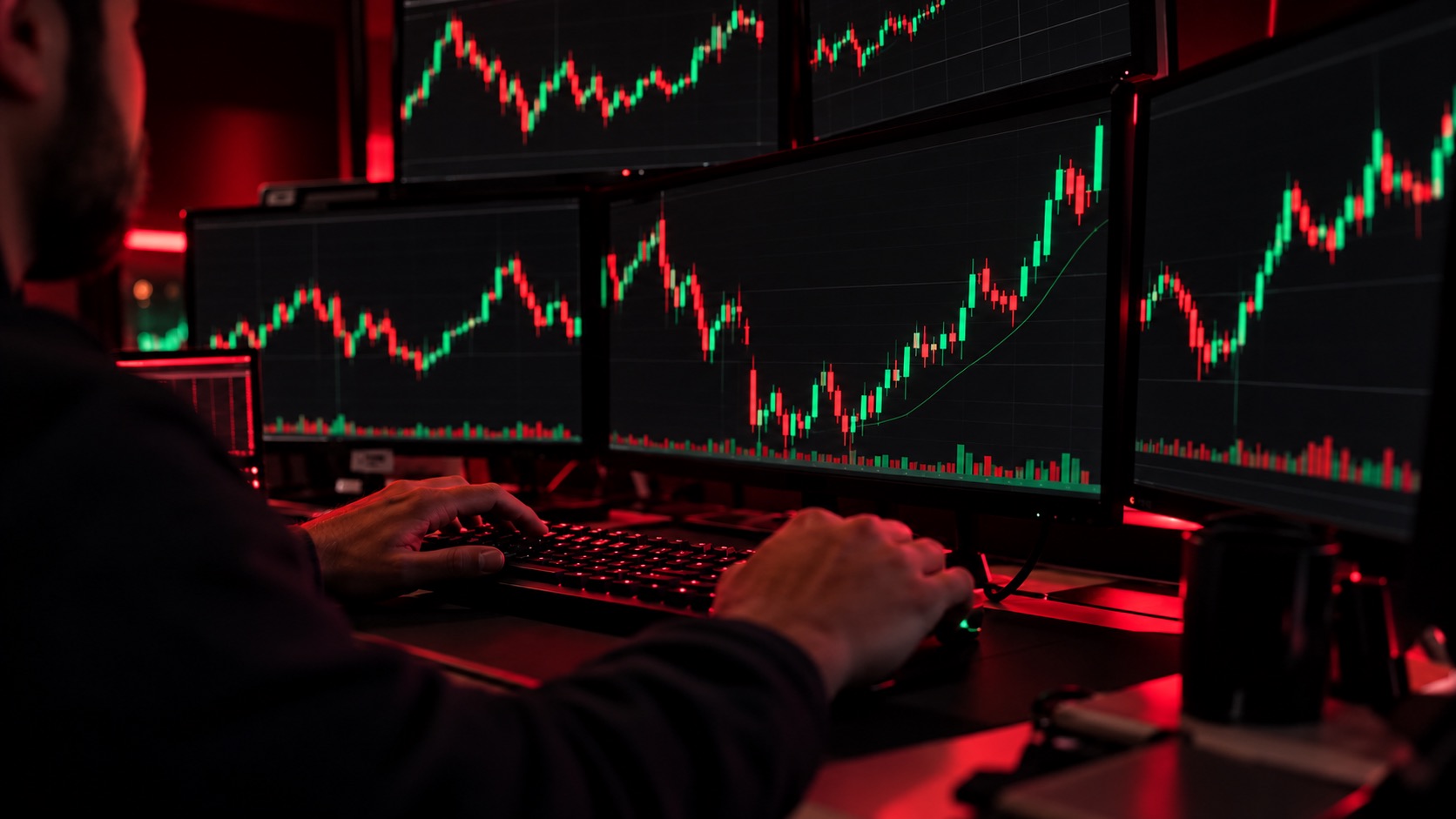 Trader operando sozinho diante de vários monitores